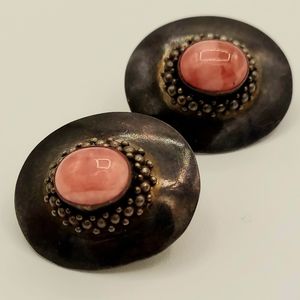 Vintage Silver Texture Dome Shield Peachy Rose Gemstone Post Earrings